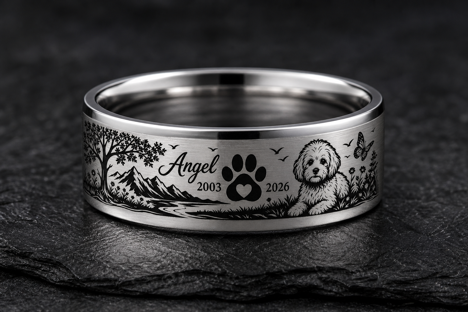 Generated Friends of Irony dog memorial ring mockup for Angel the Maltipoo with a paw print