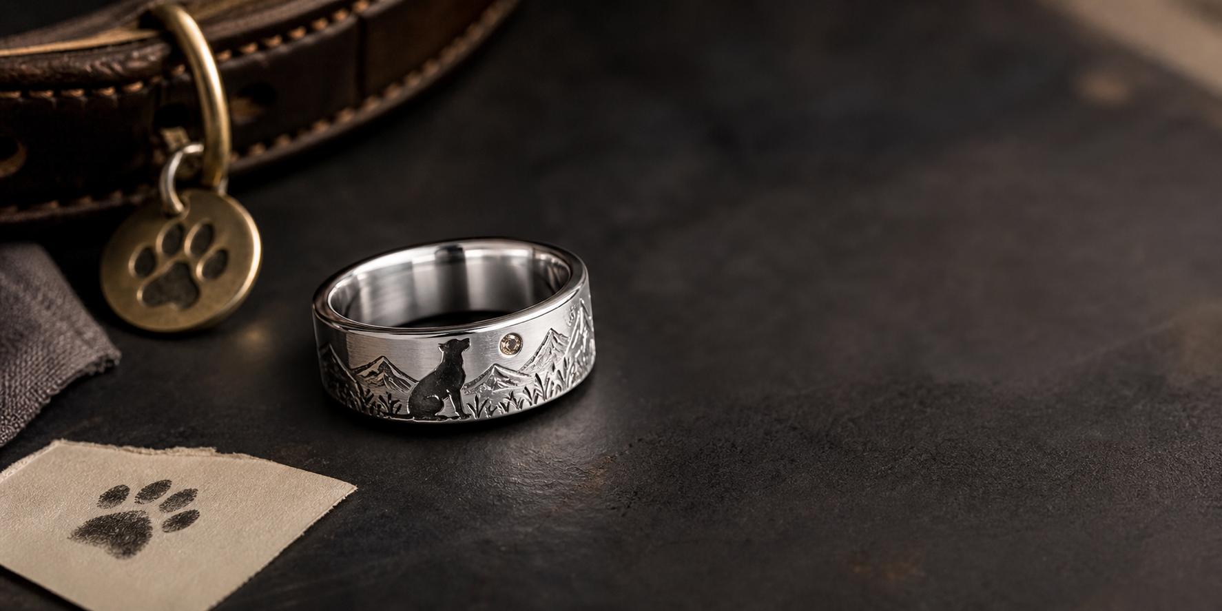 Premium dog memorial ring hero image with a silver engraved ring, collar tag, and paw print keepsake
