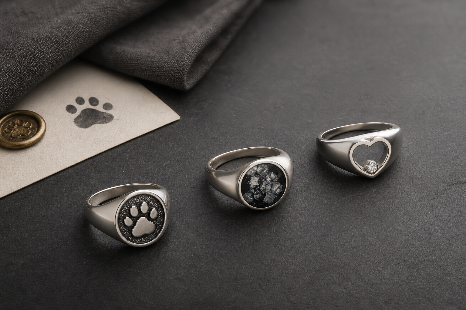 Premium dog memorial rings guide image with multiple silver keepsake ring options and a paw print card