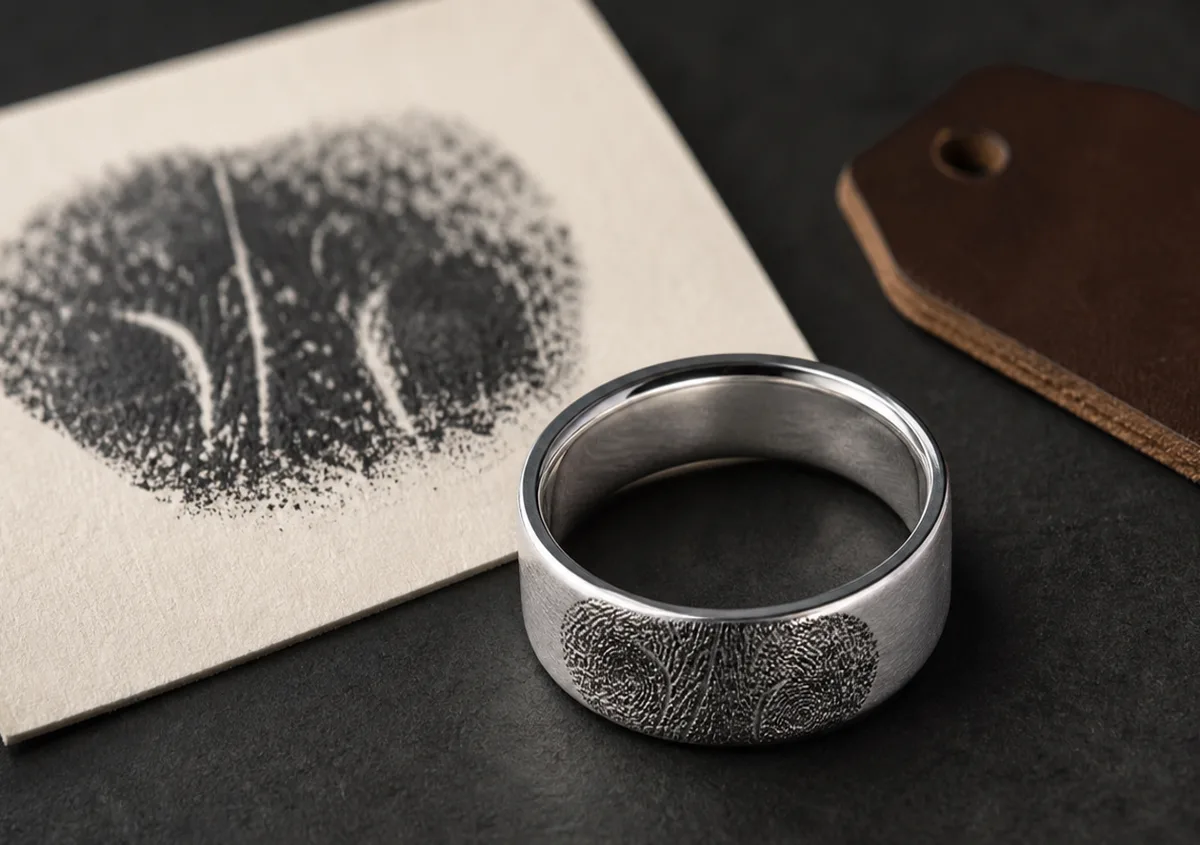 Dog nose print capture guide showing a clean nose print source, crop marks, and a silver memorial ring