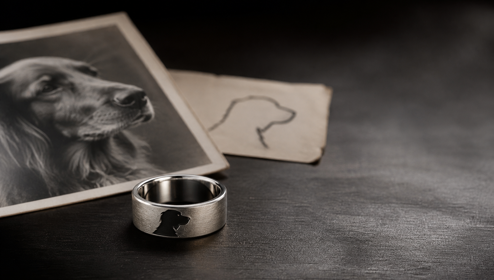Premium dog photo memorial ring image with a silver ring, dog portrait reference, and silhouette card