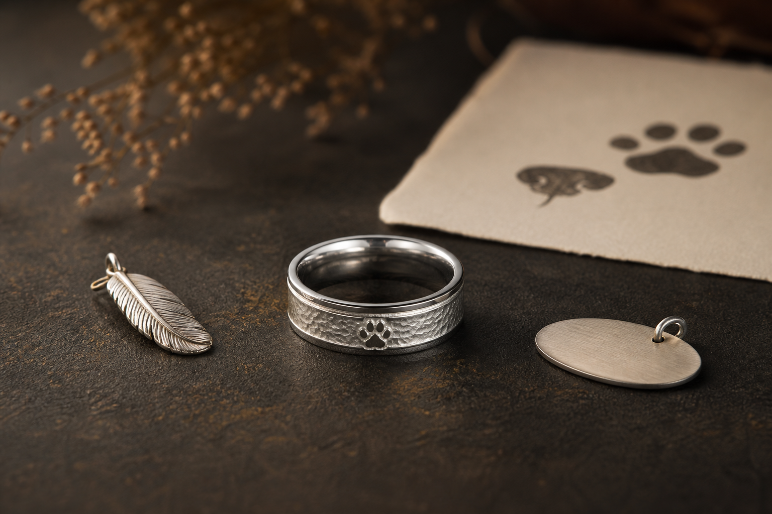 Premium pet memorial ring image with a silver keepsake ring, blank pet tag, feather charm, and print card
